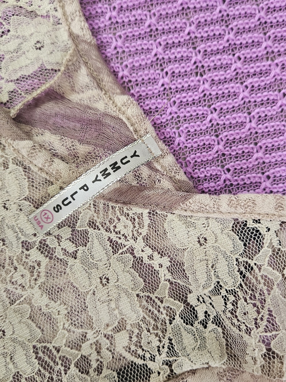 Plus Lace-Yoke Diagonal Stripe Tunic Top - Lavender - Picture 5 of 9